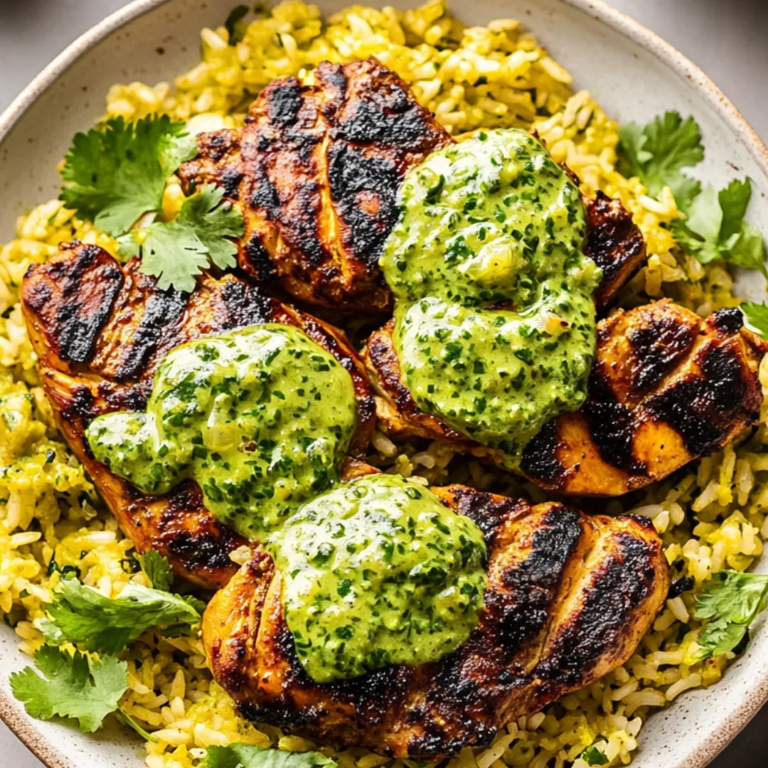 A plate of rice with chicken and sauce.