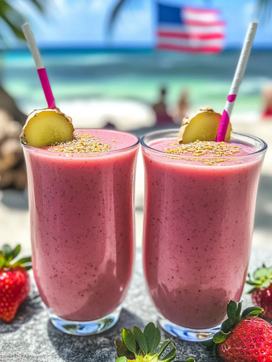 Two glasses of pink smoothie with strawberries.