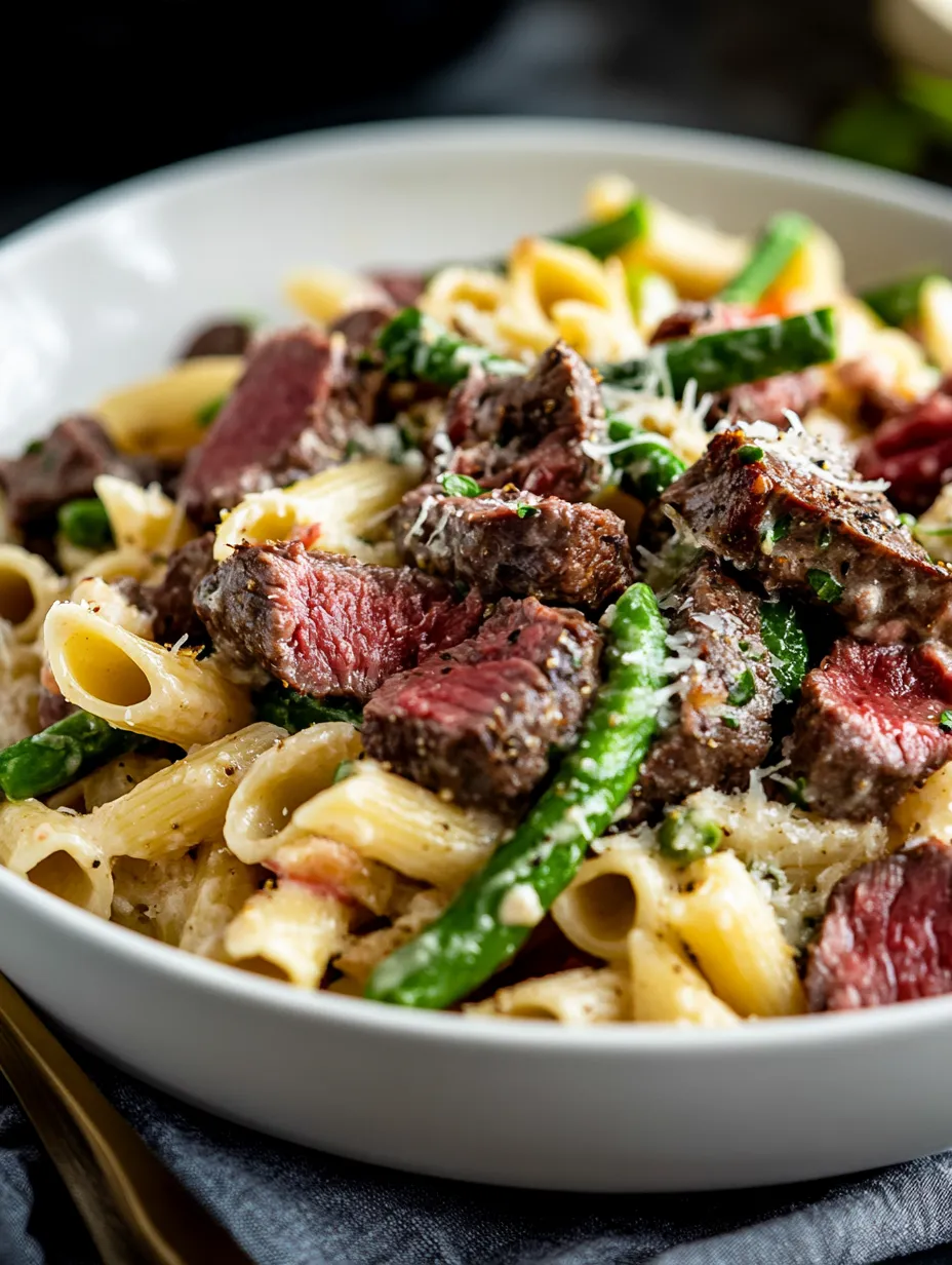 A bowl of pasta with meat and green beans.