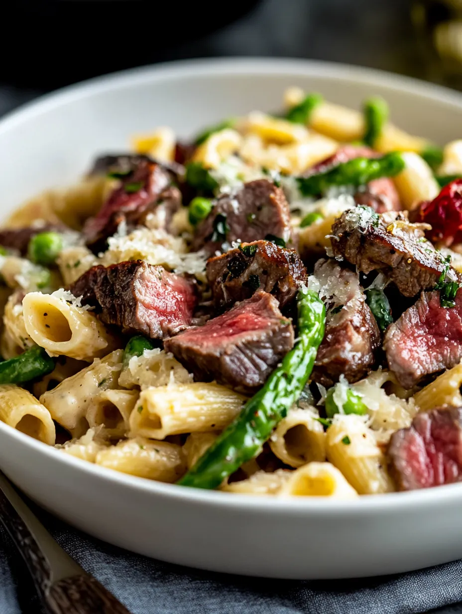 A bowl of pasta with meat and green beans.
