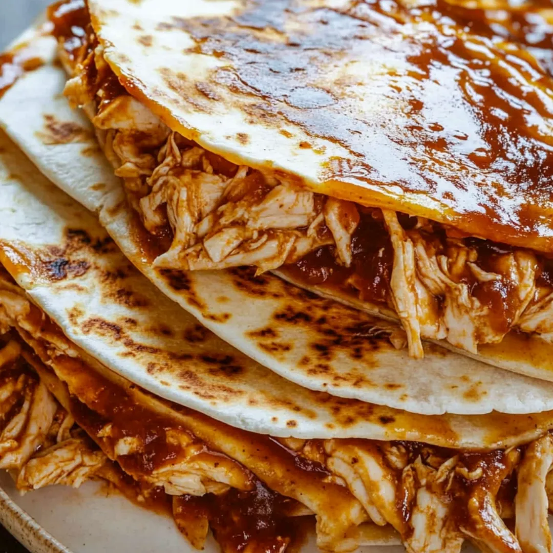 A stack of chicken pita bread with sauce.