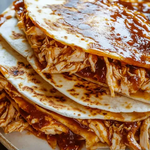 A stack of chicken pita bread with sauce.
