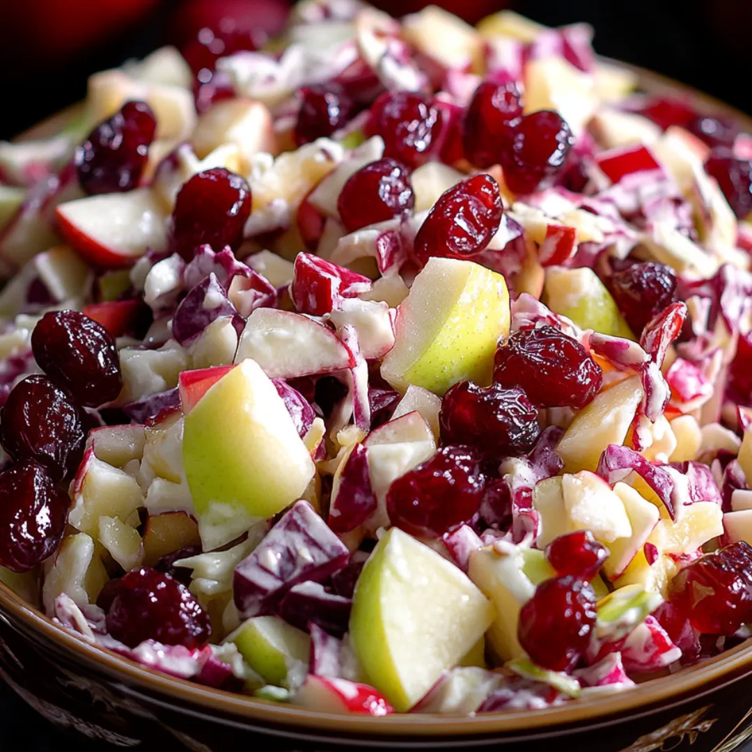 A bowl of fruit salad with apples, cranberries, and other fruits.