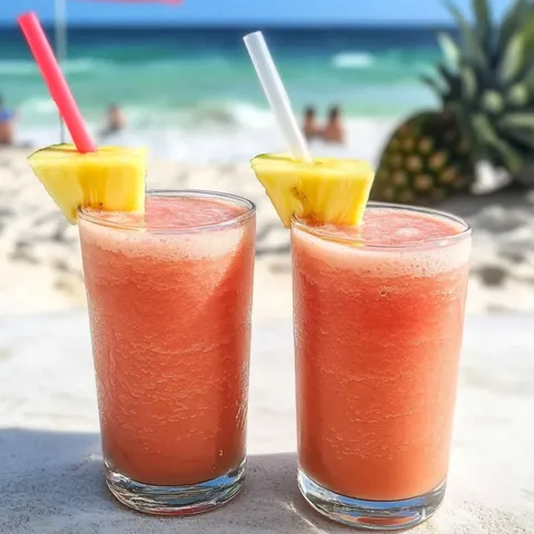 Two glasses of pink drink on a table.