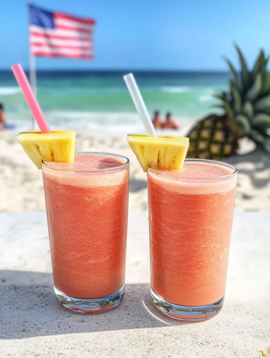 Two glasses of pink drinks with pineapple slices on top.