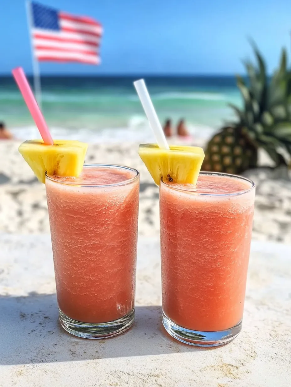 Two glasses of pink drinks with pineapple slices on top.