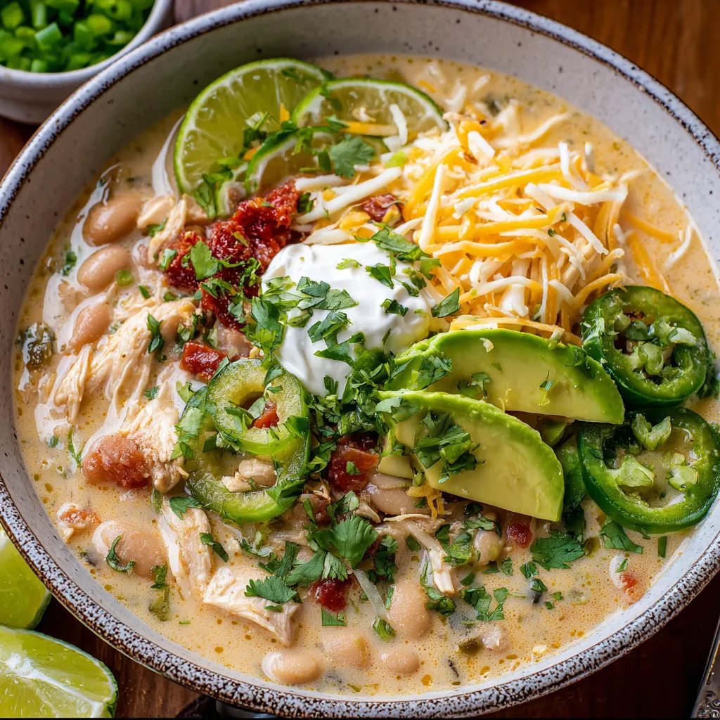 A bowl of soup with chicken, beans, and avocado.