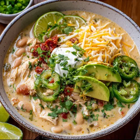 A bowl of soup with chicken, beans, and avocado.