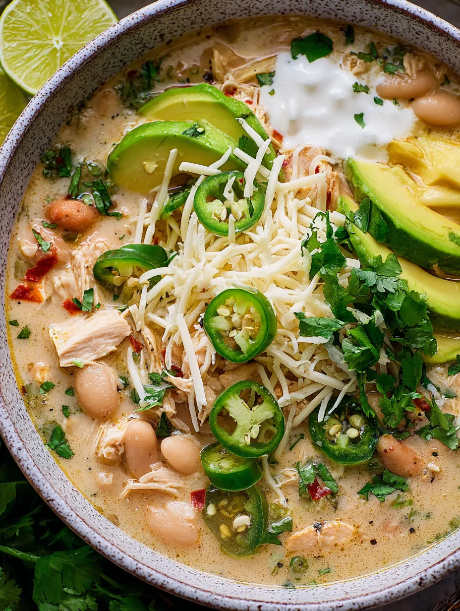 A bowl of soup with chicken, beans, avocado, and jalapenos.