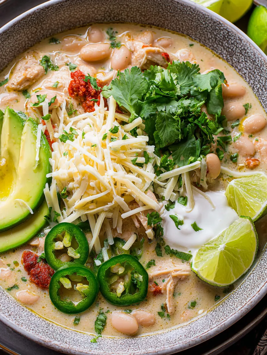 A bowl of soup with chicken, beans, and peppers.