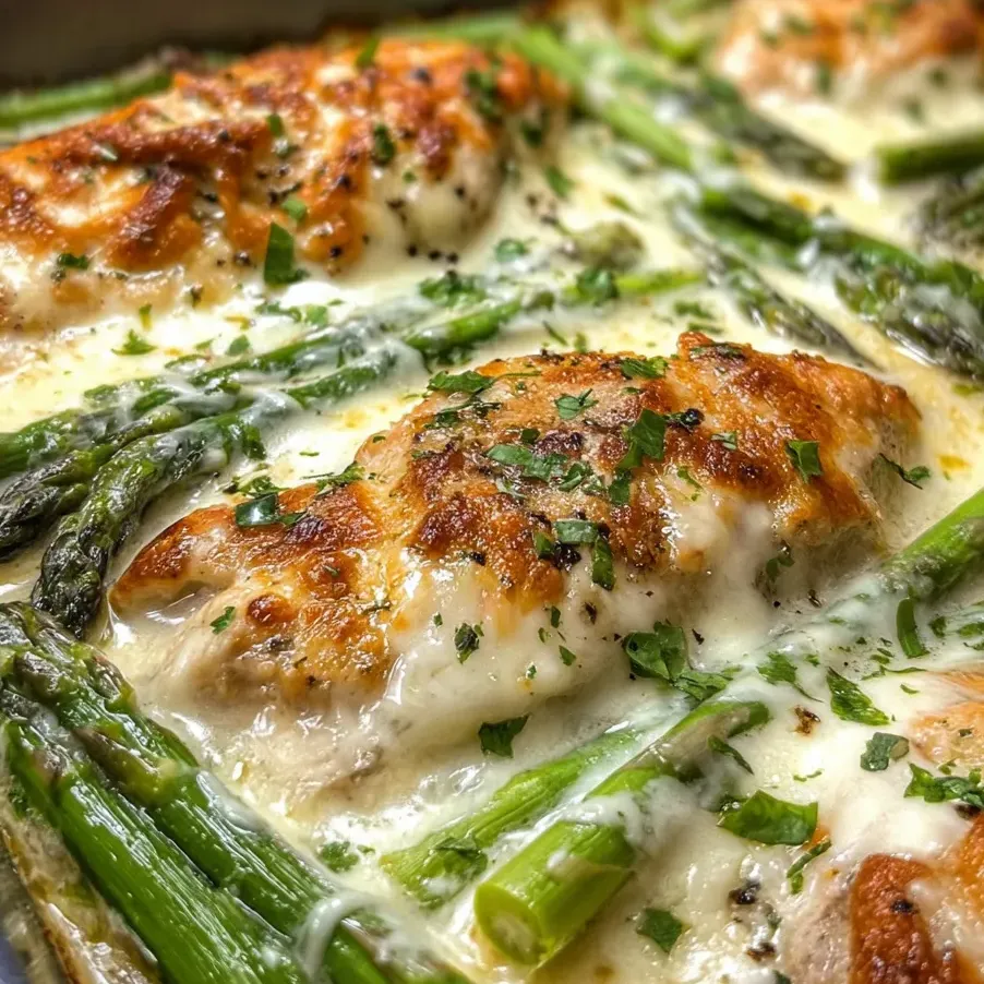 A dish of chicken with asparagus and cheese.
