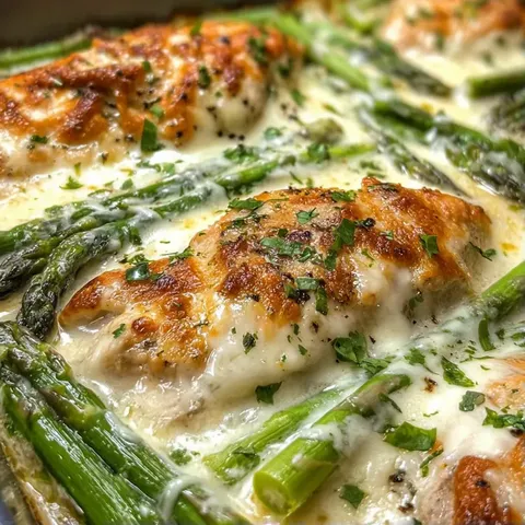 A dish of chicken with asparagus and cheese.