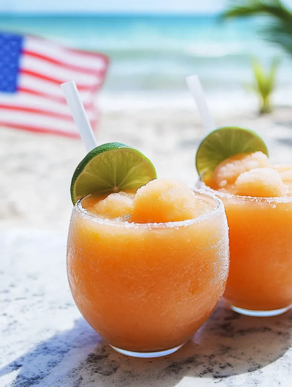 Two glasses of frozen pink drinks with limes on top.