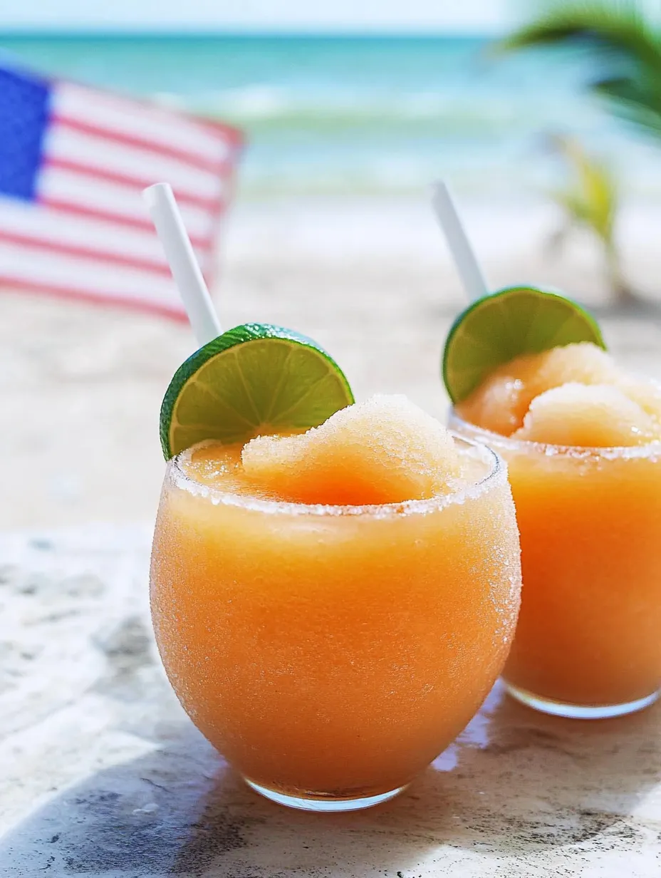 Two glasses of frozen margarita with limes on the rim.