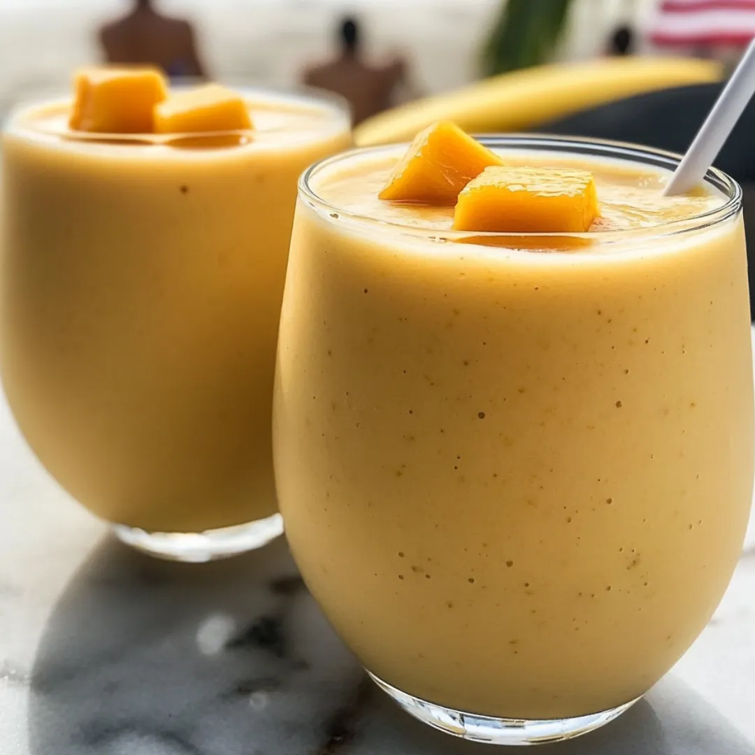 Two glasses of orange juice with sliced peaches on top.