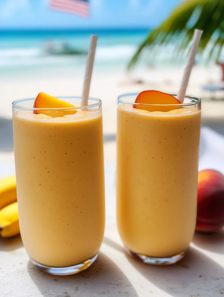 Two glasses of peach smoothie on a table.