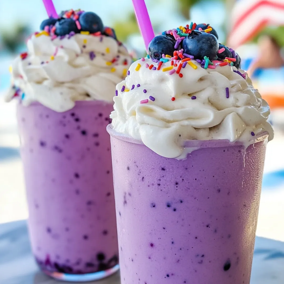 Two glasses of blueberry milkshake with pink straws.