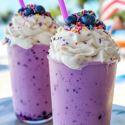 Two glasses of blueberry milkshake with pink straws.