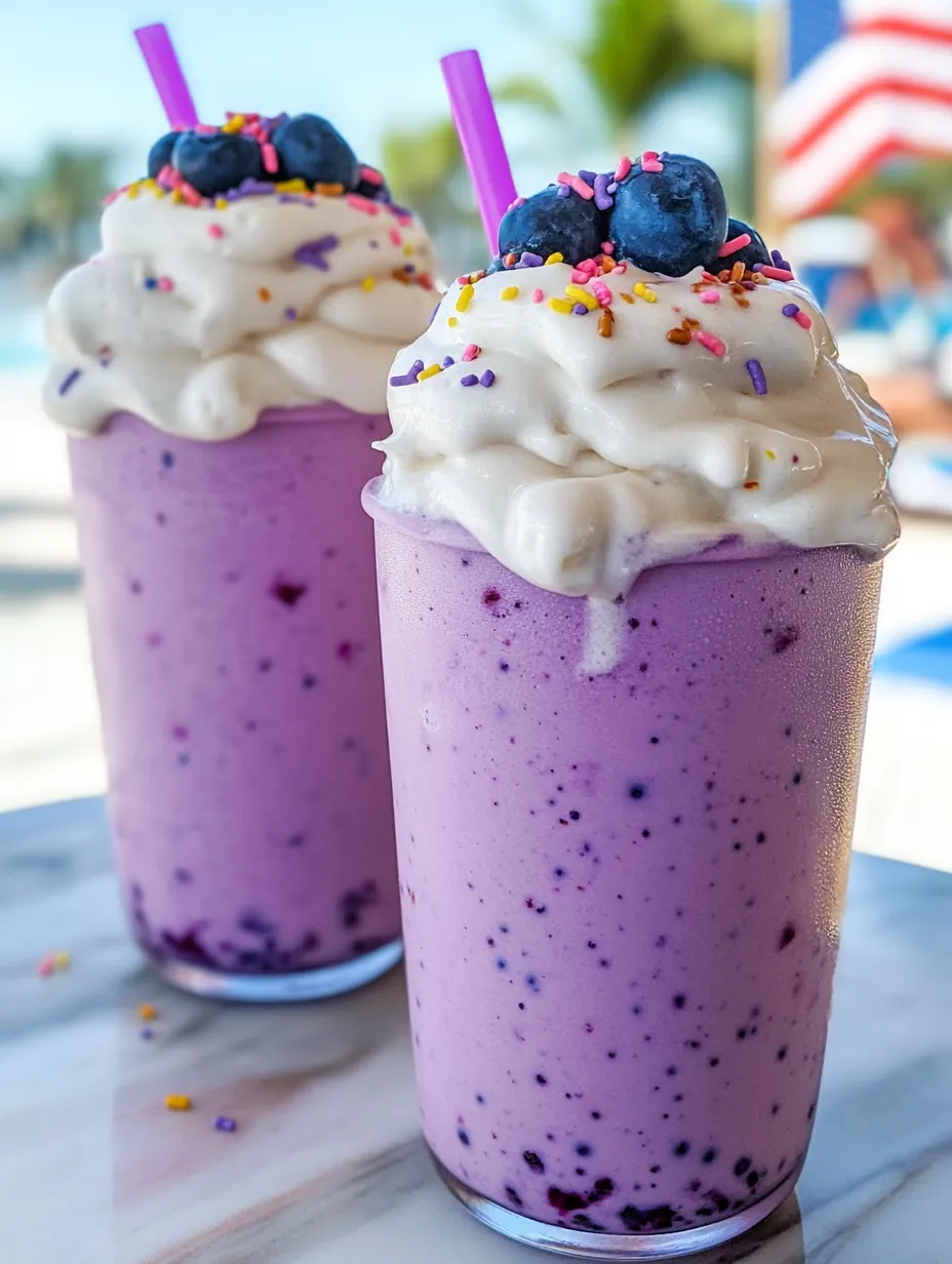 Two glasses of blueberry milkshake with sprinkles on top.