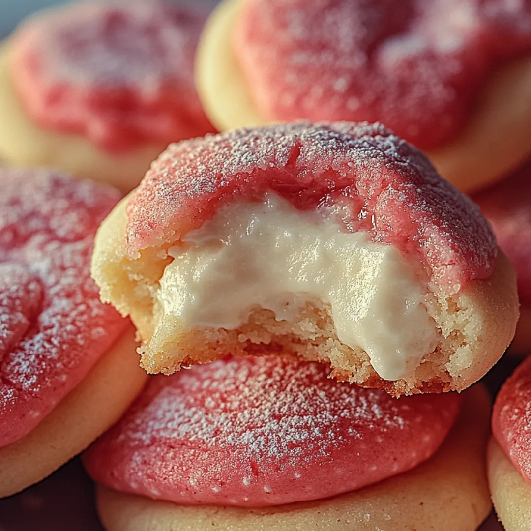 A close up of a red and white cookie.