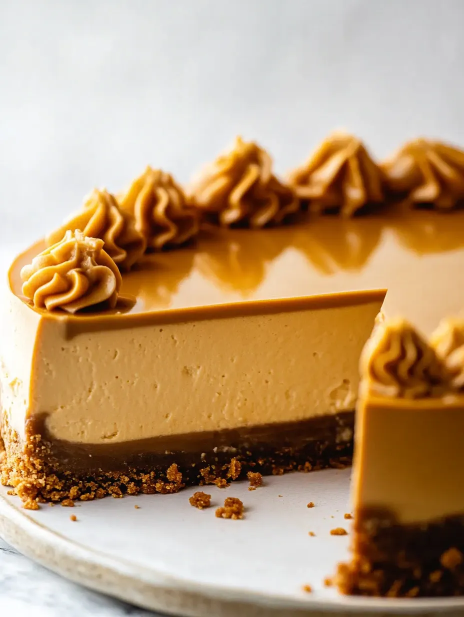 A slice of caramel cheesecake with a dollop of whipped cream on top.