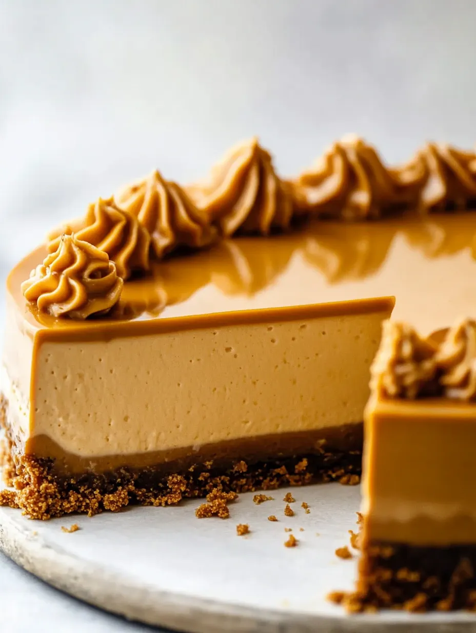 A slice of caramel cheesecake with a caramel drizzle.