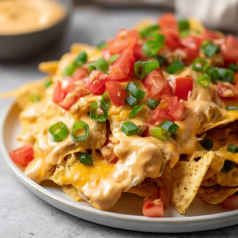 A plate of nachos with cheese and tomatoes.