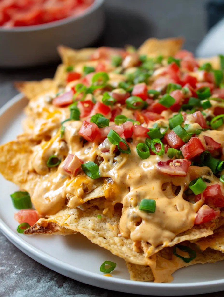 A plate of nachos with cheese and tomatoes.