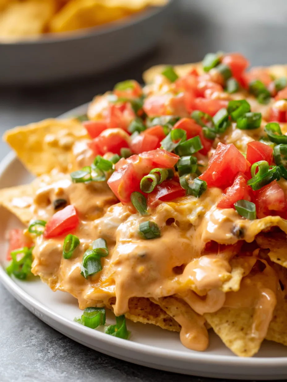 A plate of nachos with tomatoes and cheese.
