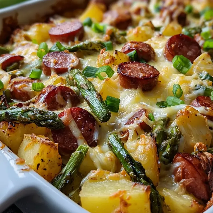 A casserole with sausage, potatoes, and asparagus.