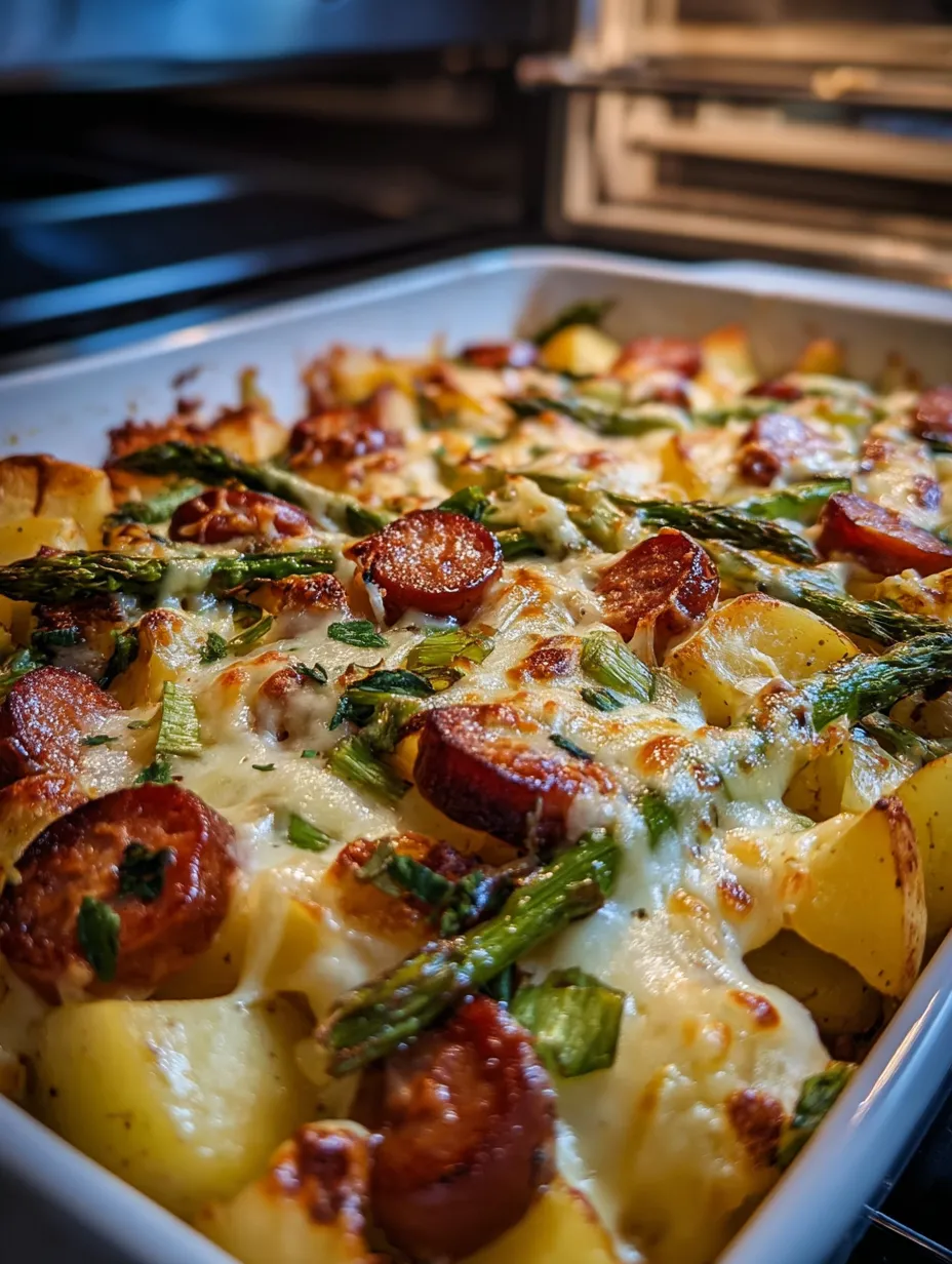 A dish of food with potatoes, asparagus, and meat.