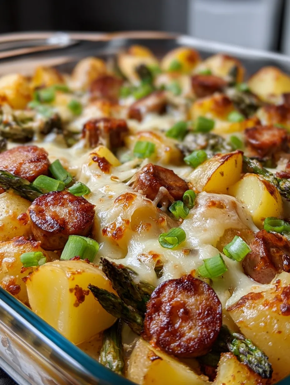 A dish of food with potatoes, asparagus, and sausage.