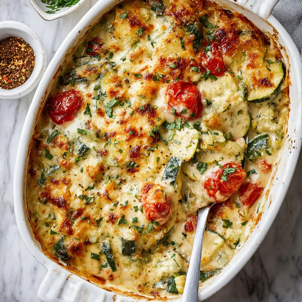 A casserole with tomatoes and cheese.