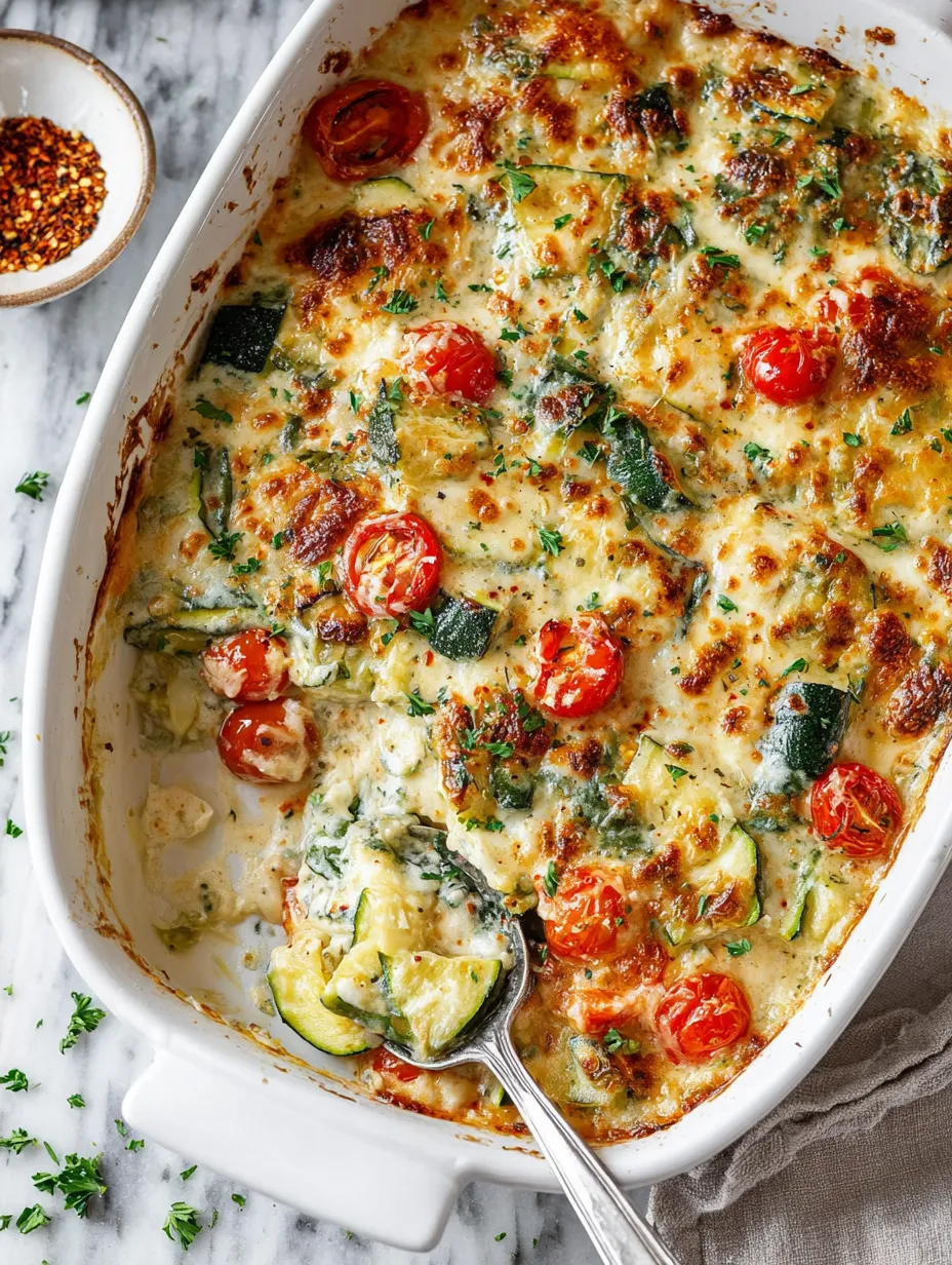 A casserole with tomatoes, zucchini, and cheese.