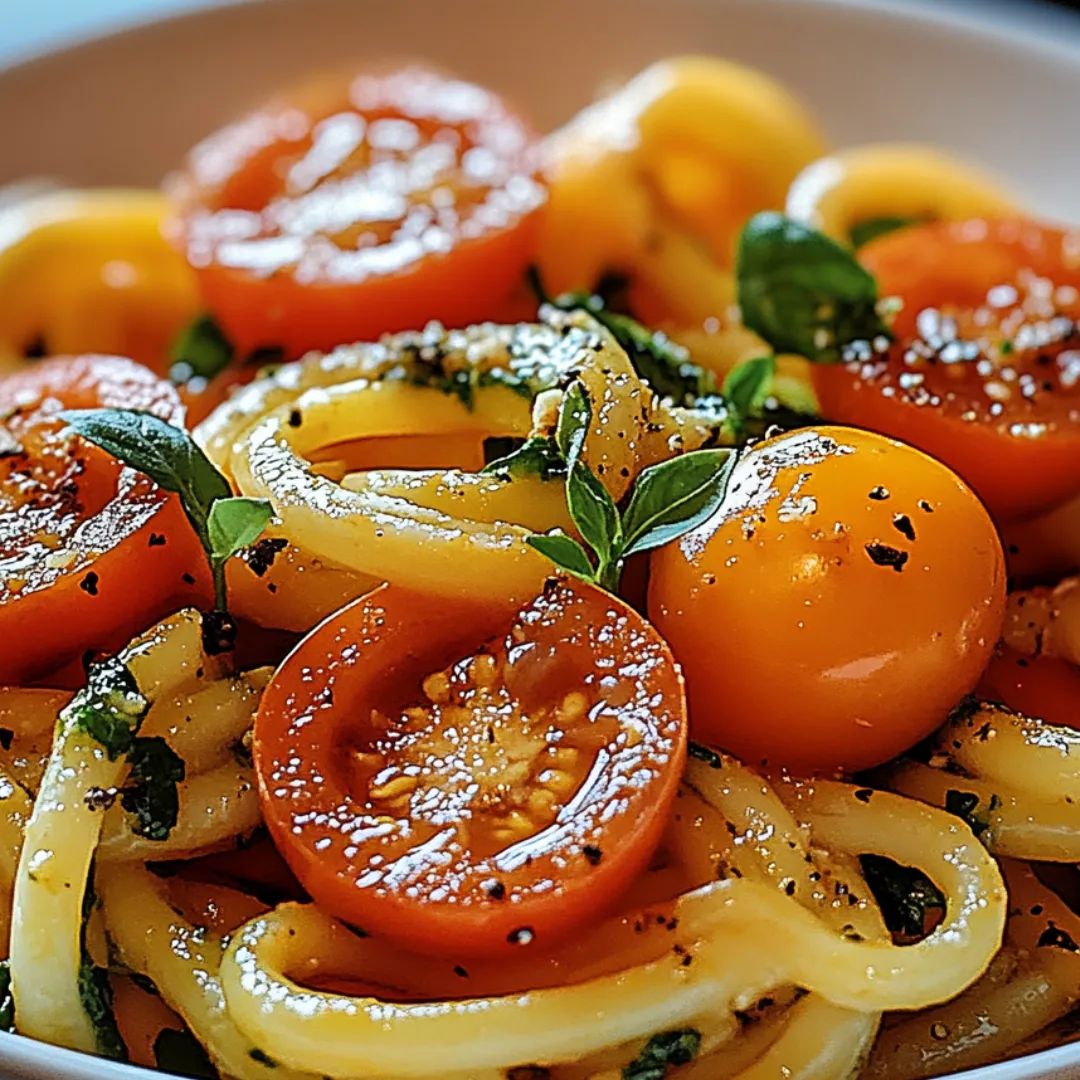 A bowl of pasta with tomatoes and basil.