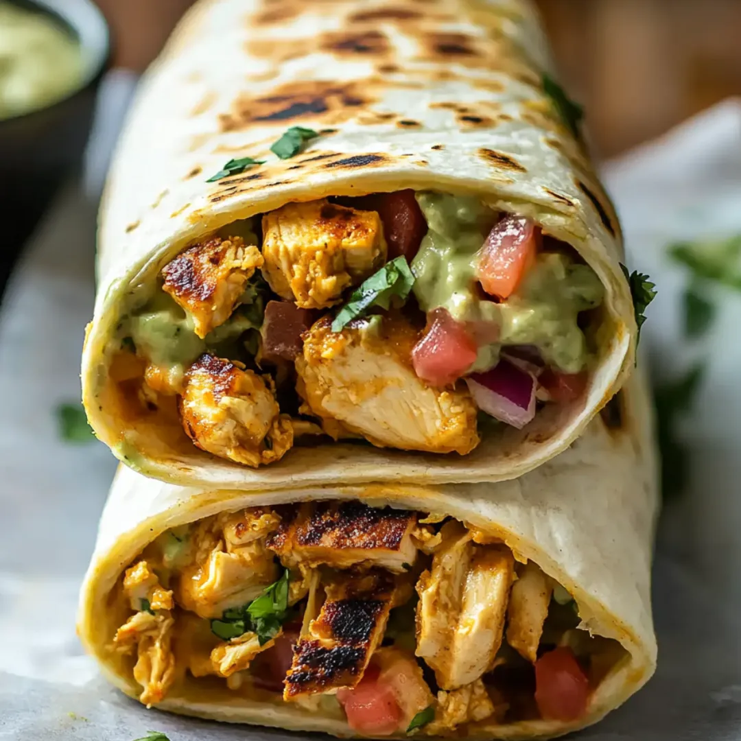 A burrito with chicken and pineapple.