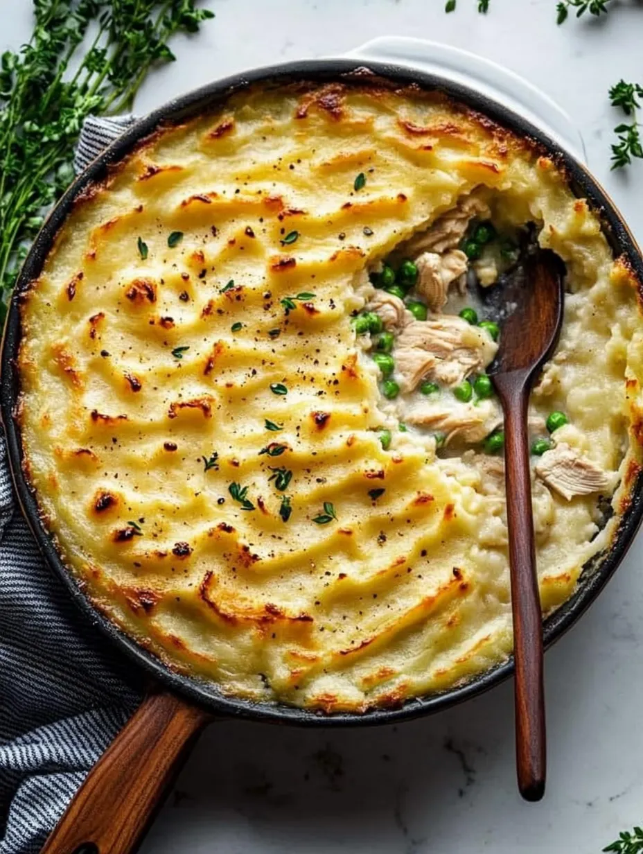 A casserole dish with chicken, potatoes, and peas.
