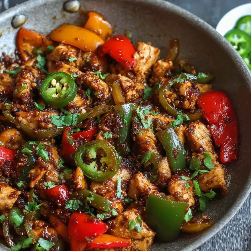 A pan of food with peppers and onions.