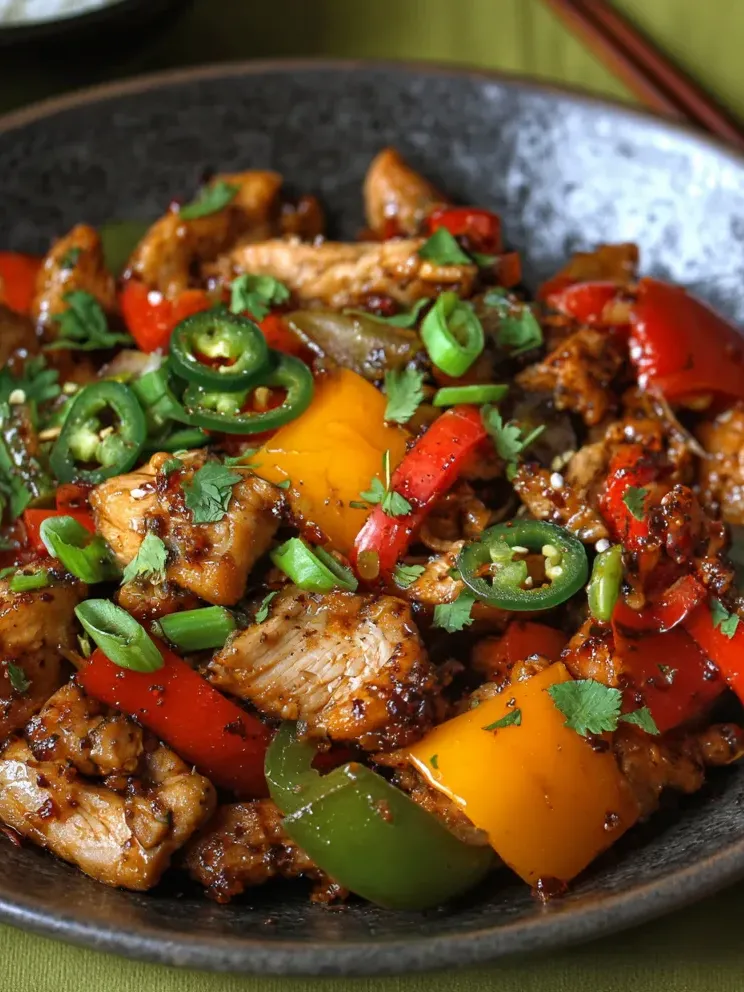 A bowl of food with peppers and onions.