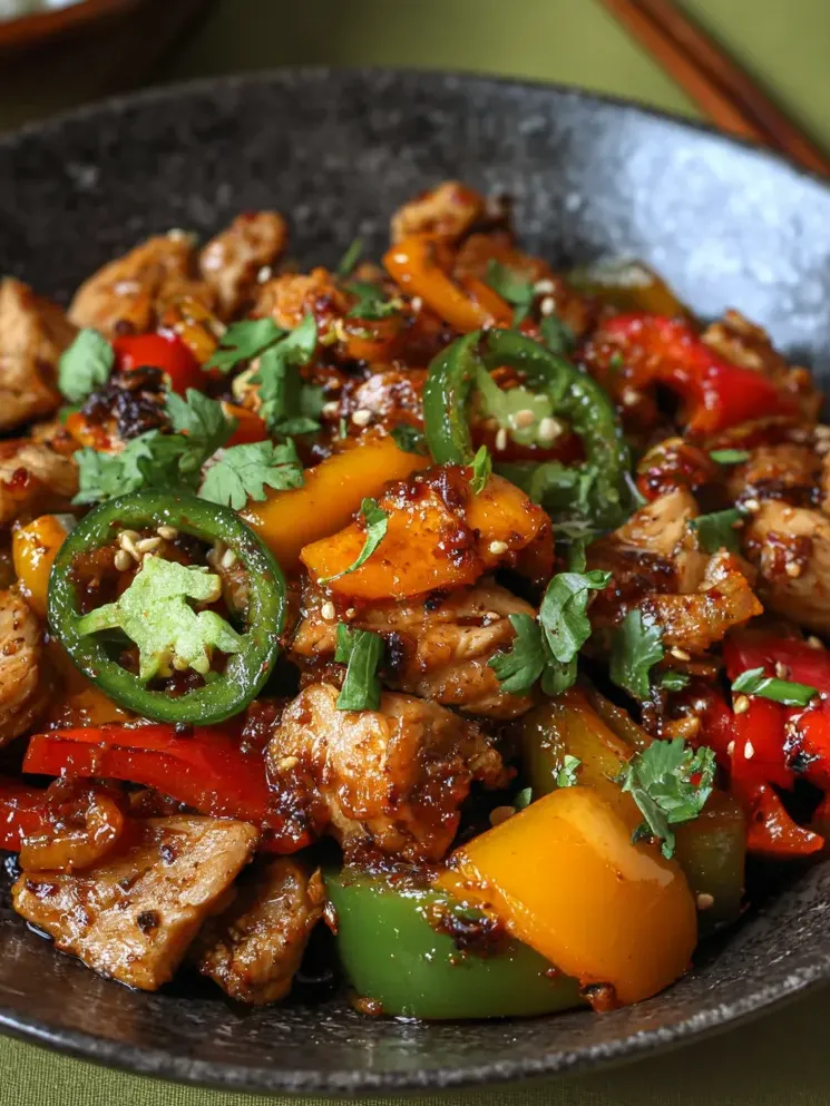 A bowl of food with peppers and chicken.