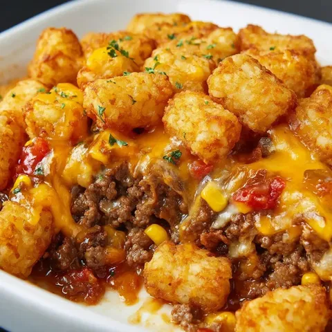 A plate of food with a cheese and corn topping.