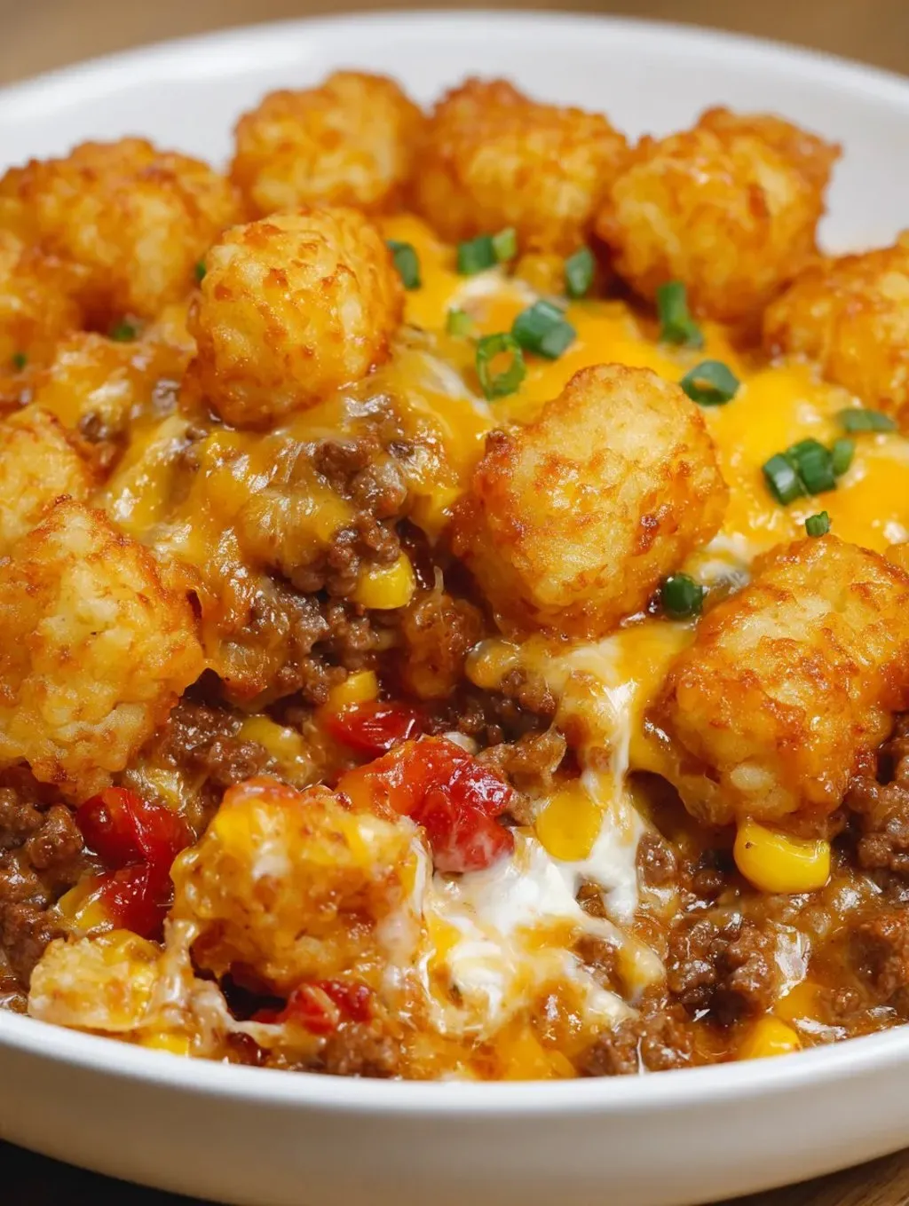 A bowl of food with a cheese sauce and tater tots.