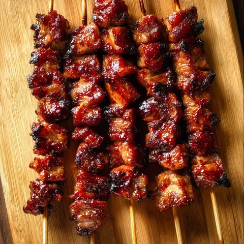 Grilled meat on a board, sitting on a wooden table.