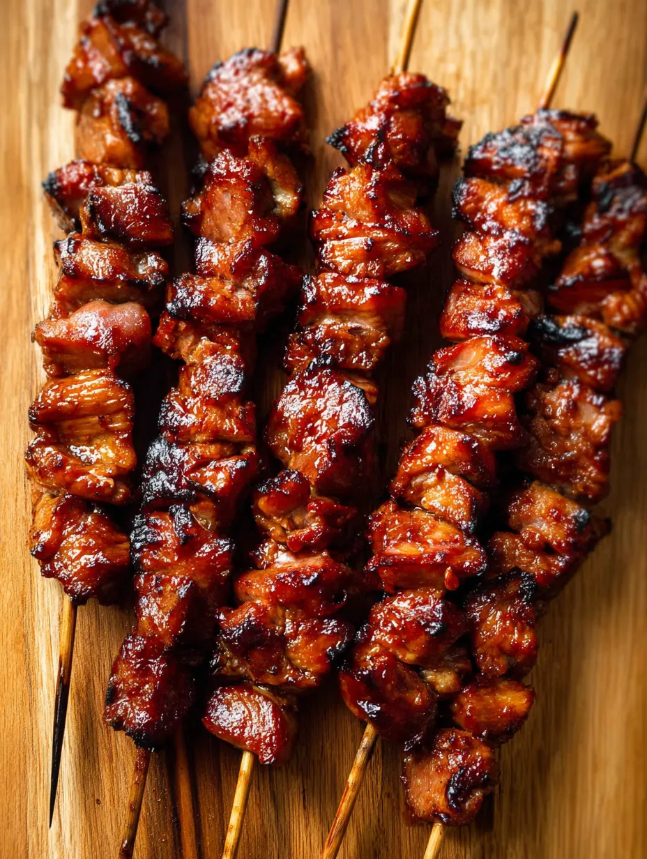 Grilled meats piled on a wooden cutting board.