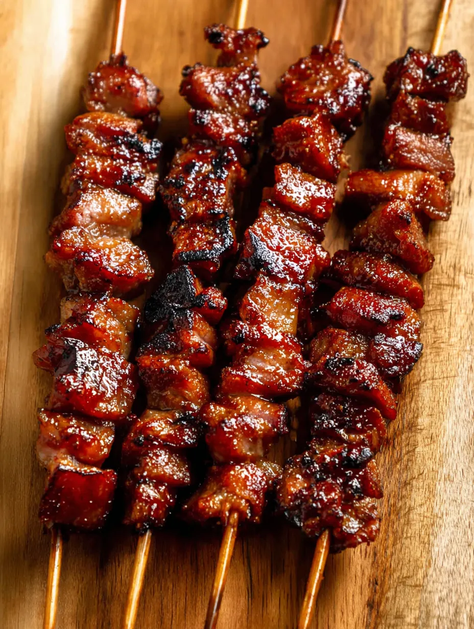 A wooden tray filled with skewered meat kabobs.