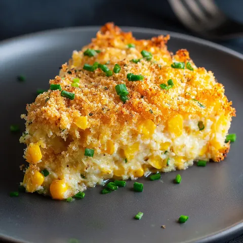 A slice of corn casserole on a plate.