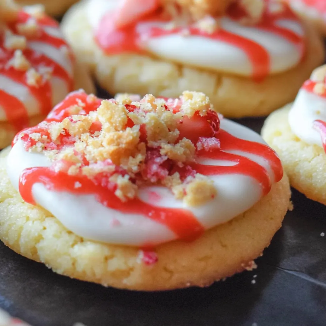 A cookie with white frosting and red strawberry topping.