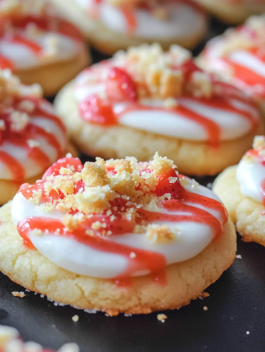 A cookie with white frosting and red strawberry sauce.