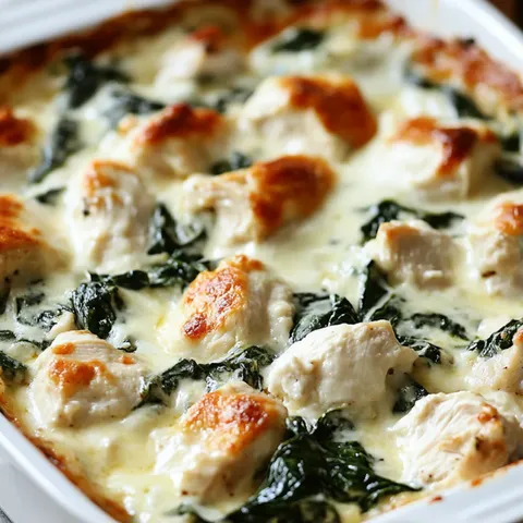 A dish of chicken and spinach.