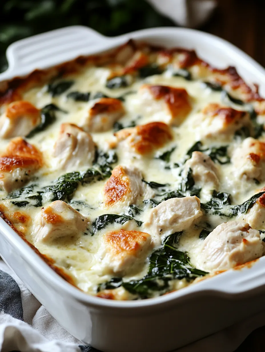 A casserole with chicken and spinach.